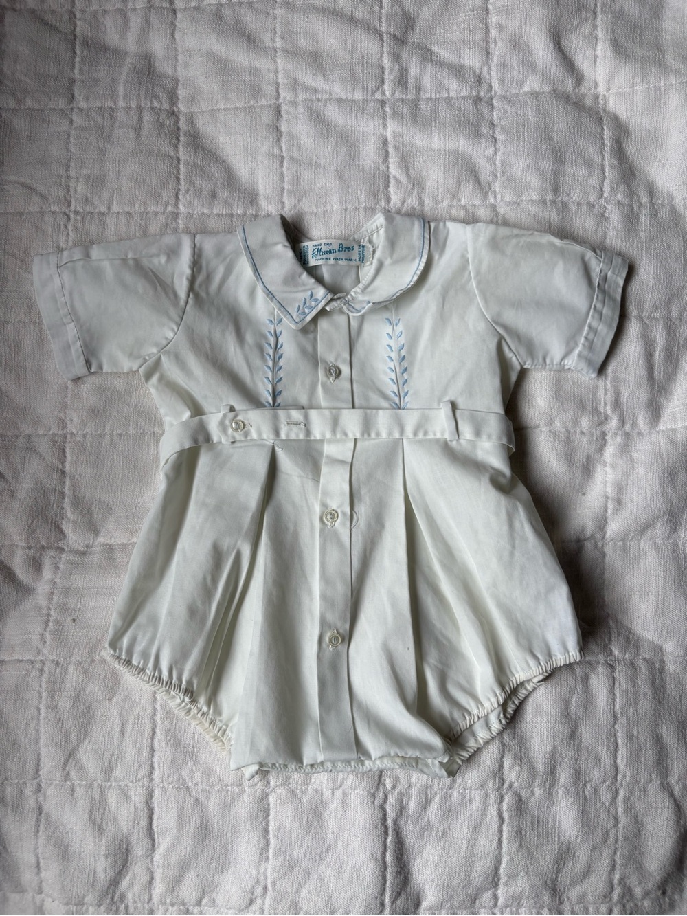 Vintage Feltman Bros White Baby Boy Romper with Light Blue Embroidery 0-3 Months